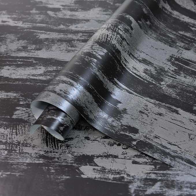 BOMENG Black Concrete Peel and Stick Industrial Wallpaper 31.5"x157.5" Cement Contact Paper with Air Guide Slot Design Glossy Industrial Wall Paper for Bathroom