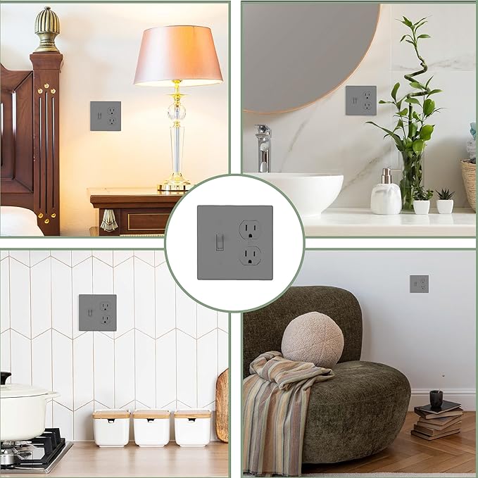 Bates- 2-Gang Combination Wall Plate, 4.88"x 4.92"/Mid-Size, Gray, Toggle Light Switch/Duplex Receptacle Outlet, 2 Gang Wall Plate for Electrical Outlets, Double Outlet Cover Plate