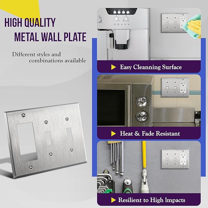 ENERLITES Combination Toggle Light Decorator Switch Metal Wall Plate, Corrosive Resistant, Size 3-Gang 4.50" x 6.38", 430 Gauge Alloy, 771231, Stainless Steel, Silver