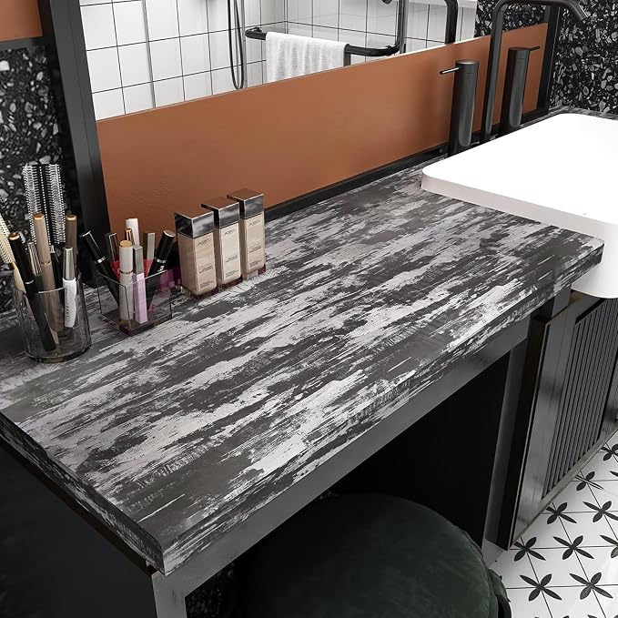 BOMENG Black Concrete Wallpaper Peel and Stick Industrial Cement Wallpaper 32"x353.5" Concrete Contact Paper with Air Guide Slot Design Glossy Wall Paper for Living Room, Hallway, Coffee Shop