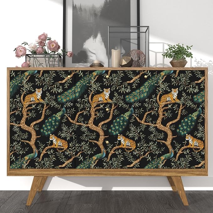 Black Vintage Peacock Tiger Peel and Stick Wallpaper 17.5" x 197" | Waterproof Vinyl Self Adhesive Removable Renter Friendly Floral Contact Paper