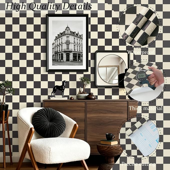 Yasinet Checkered Wallpaper Black and White Cream Peel and Stick Wallpaper Plaid Retro Contact Paper Bedroom Removable Self Adhesive Wall Paper Waterproof Bathroom Vinyl 17.3" × 78.7“