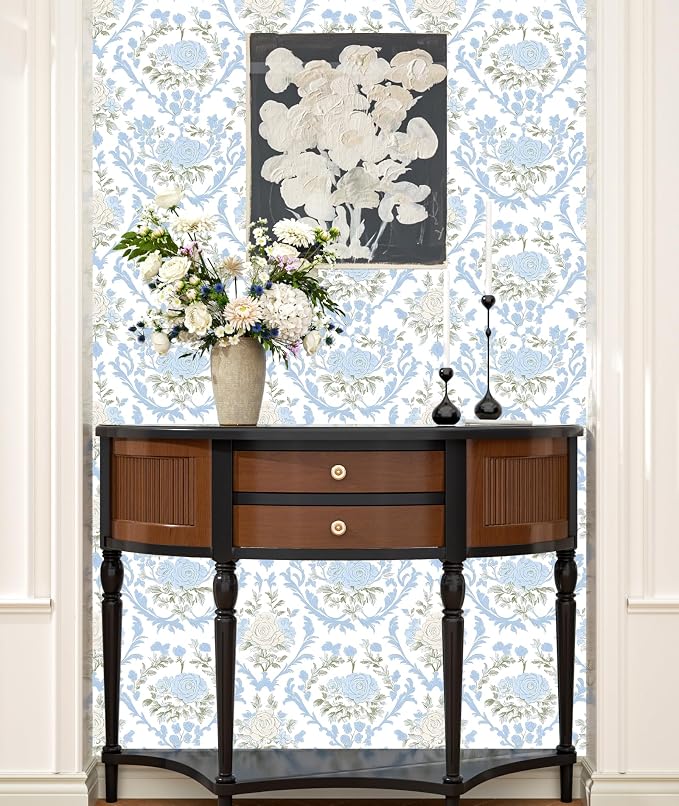 ILHIIOR White Floral Peel and Stick Wallpaper Boho Leaf Contact Paper Blue Flower Removable Self Adhesive Waterproof Wall Paper for Cabinet Drawers Wall Decor Renter Friendly 17.5''x118''