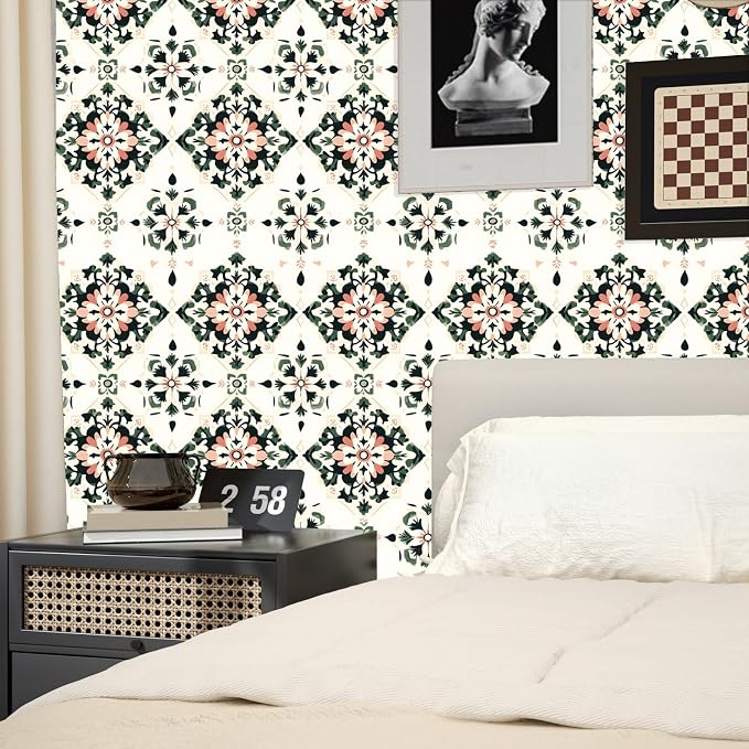 BOKEBEVE Boho Floral Peel and Stick Wallpaper Beige Green 17.5 x 118In | Symmetry Contact Paper Modern Wall Paper for Bedroom Accent Walls Laundry Nursery Pantry Renter Friendly Removable