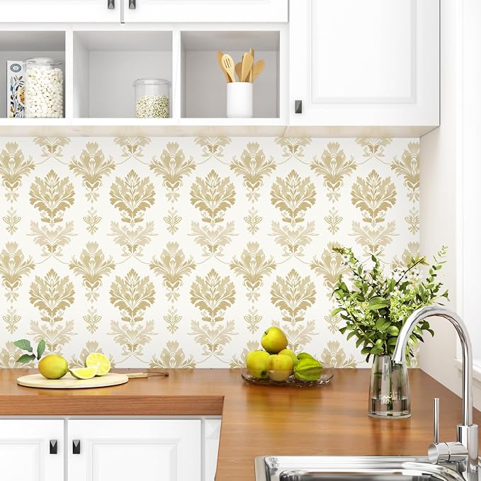 Light Symmetry Floral Peel and Stick Wallpaper 17.5" x 118",Beige | Self Adhesive/Removable/Waterproof/Thick Vinyl Contact Paper for Bathroom Bedroom Shelf Cabinet Drawer,Prepasted,Easy Peel