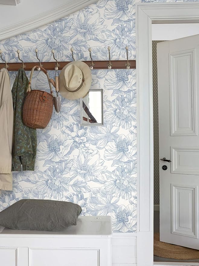 Ismoon Vintage Floral Wallpaper Peel and Stick Beige and Blue Contact Paper 17.3inx32.75ft Removable Self Adhesive Wall Paper for Bathroom Bedroom Cabinet Mural Wall Decor Vinyl Renter Friendly