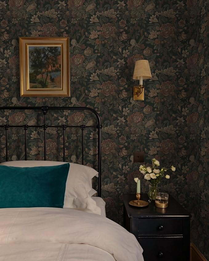 Dimoon Vintage Peel and Stick Wallpaper Dark Green Floral Wall Paper 16.1"x236" Retro Victorian Moody Wallpaper Renter Friendly Dark Floral Gothic Contact Paper for Bedroom Shelf Liner Vinyl Roll