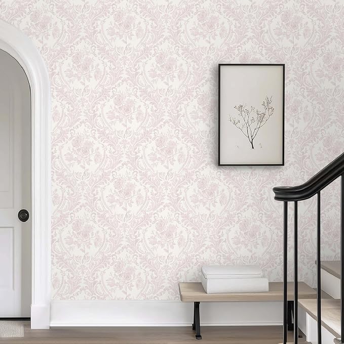 Ismoon Peel and Stick Wallpaper Vintage Floral Contact Paper Boho Watercolor Pink Damask Wallpaper Textured Removable Self Adhesive Vinyl Wall Paper for Bedroom, 17.3 in X 16.4ft