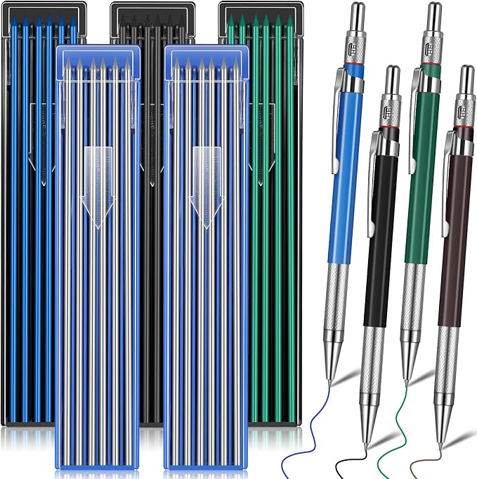 Nezyo 4 Pieces Welder Pencil with 60 Pieces Round Refills Mechanical Pencil Metal Marker Pen for Construction Workers, Metal Work, Welders, Plumbers, Framers (Black, Blue, Green, Silver)