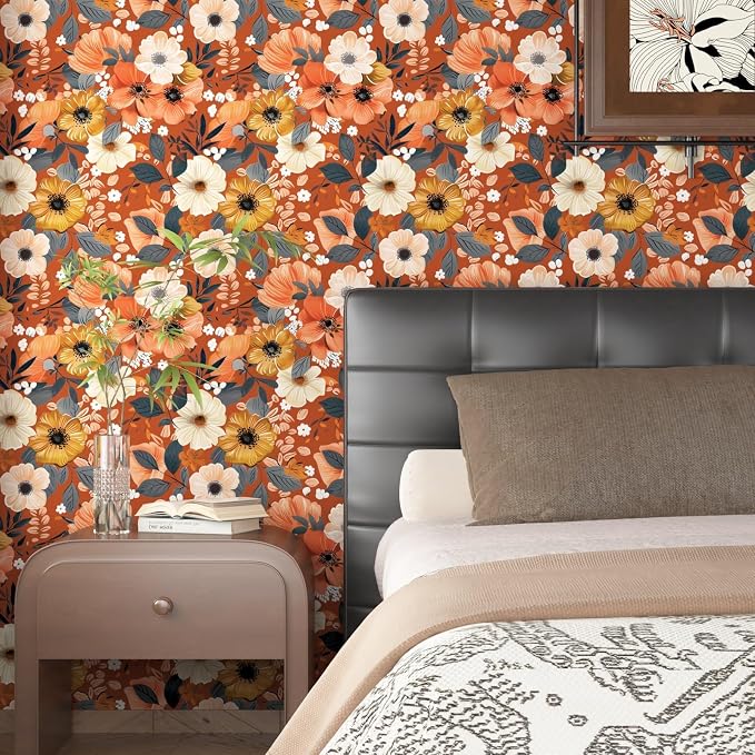 BOKEBEVE Floral Wallpaper Peel and Stick Boho Vintage Orange 17.5 x 393.5In | Extra Long Removable Renter Friendly Vintage Floral Wall Paper for Bedroom Bathroom Cabinet Drawer Feature Accent Wall