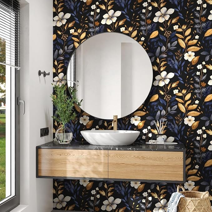 Vintage Dark Blue Gold Floral Peel and Stick Wallpaper 17.5"x787" | Self Adhesive/Removable/Waterproof/Thick Vinyl Extra Long Contact Paper for Bathroom Bedroom Shelf Cabinet Drawer,Prepasted
