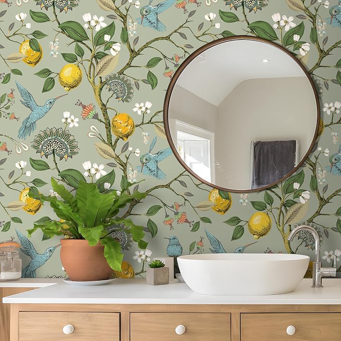 Livelynine 17.5x591 Vintage Peel and Stick Wallpaper Birds Flowers Kitchen Wallpaper Sage Green Floral Gold Lemons Trees Boho Blue Bird Self Adhesive Contact Paper Decorative Cabinet Vinyl Wrap Walls