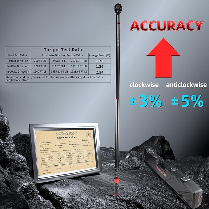 1-Inch Drive Torque Wrench 200-1500ft.lb/271.0-2032.5Nm | ±3% Precision Dual Direction Torque Wrenches with 24-Tooth Dual Range Scales with Ft.Lbs and N.m
