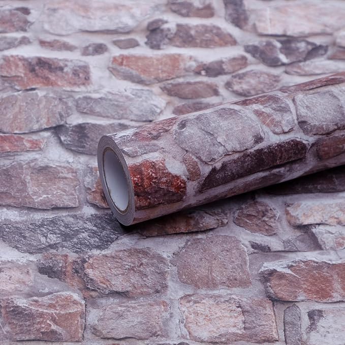 Stone Brick Wallpaper Peel and Stick Self-Adhesive Removable Vinyl Wallpaper Pink Faux 3D Stone Look Wall Paper 15.7" X 118"
