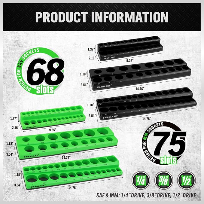 SWANLAKE Magnetic Socket Organizer Set, 1/4", 3/8", 1/2" Sockets Holds 286 Pieces Magnetic Socket Trays (Blue&red&black&green, 12 Pcs)