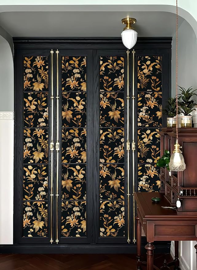 Simon&Siff Vintage Floral Peel and Stick Wallpaper 17.3" x 120" | Black Gold Botanical Contact Paper, Removable Wall Paper, Renter Friendly, for Cabinets, Furniture, DIY Decor