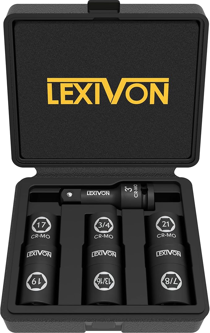 LEXIVON 1/2-Inch Drive Click Torque Wrench 10~150 Ft-Lb/13.6~203.5 Nm + Set of 1/2-Inch Flip Impact Socket, 6 Total Lug Nut Sizes