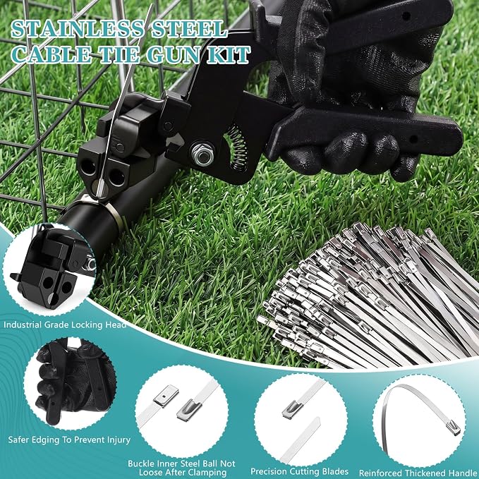 LEIFIDE Stainless Steel Cable Tie Gun Set 200 Pcs 11.8 Inch Heavy Duty Metal Zip Tie Adjustable Fastening Cutting Tool for Outdoor Exhaust Wrapping Fence Workshop(Silver, Black)