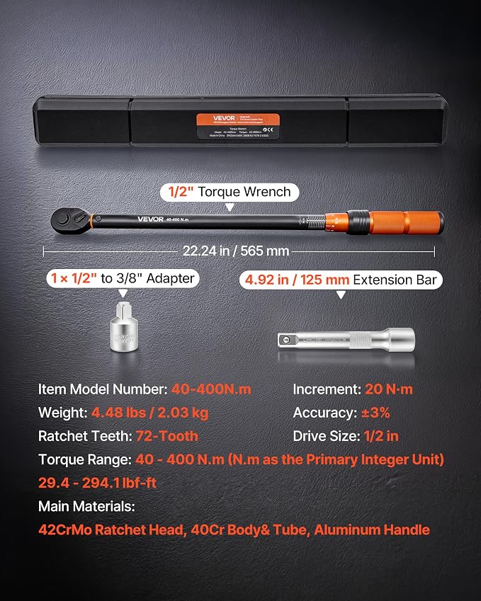 VEVOR Torque Wrench 1/2-inch Drive Click Torque Wrench ±3% High Precision, 29.4-294.1 lbf-ft / 40-400 N.m, Dual Scale Readings, with Extension Bar, Adapter and Storage Case, for Automotive Repair