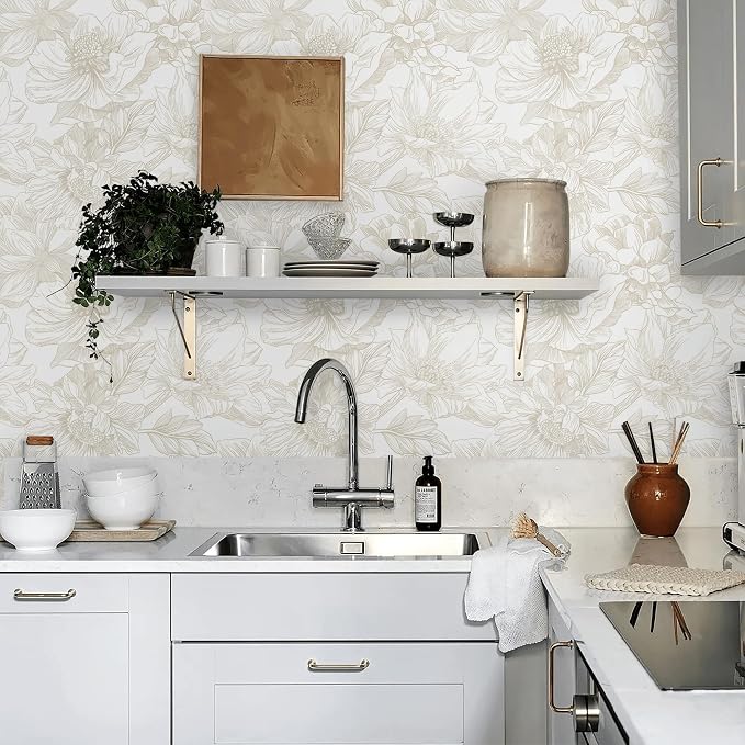 Ismoon Large Floral Peel and Stick Wallpaper Boho Beige/Coffee Contact Paper 17.3inx16.4ft Modern Wall Paper Removable Self Adhesive Bedroom Cabinet Bathroom Waterproof Mural Wall Decor Vinyl Roll