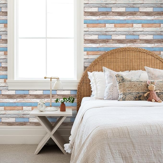 COMSTICKC Peel and Stick Faux Wood Wall Sticker Wall Panels, 10 Pcs of 12" x 12", Ultra-Light Thin PVC 3D Fake Wood Shiplap Self-Adhesive Wall Covering Wallpaper Interior Farmhouse Decor, Blue Brown