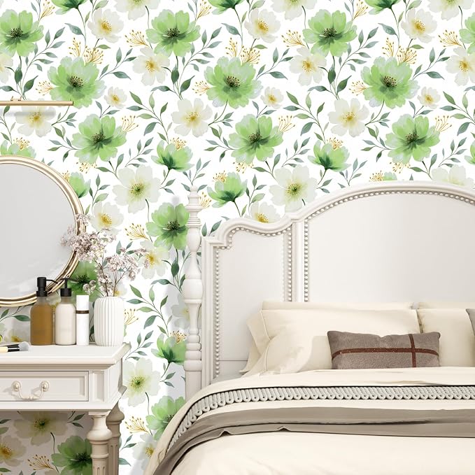 ILHIIOR White Floral Peel and Stick Wallpaper Boho Leaf Contact Paper Green Flower Removable Self Adhesive Waterproof Wall Paper for Cabinet Drawers Wall Decor Renter Friendly 17.5''x118''