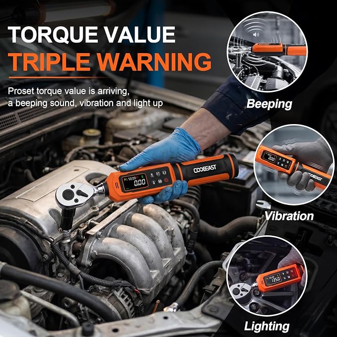 3/8 Drive Digital Torque Wrench,Preset Value(0.66-44.29 Ft-lbs./0.9-60Nm) | Buzzer and LED Alert,±2% High Accuracy,72-Tooth, Quick Release,Reversible,Large Screen,for Bike Motorcycle,Gift for Men,DIY