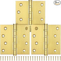KOLET Ball Bearing Brushed Gold Door Hinges, 4 x 4 Inches Brass Gold Door Hinges, Square Corner, Stainless Steel Hinges, Heavy Duty, Smooth and Non Removable Pin, Brushed Gold, 3 Pack