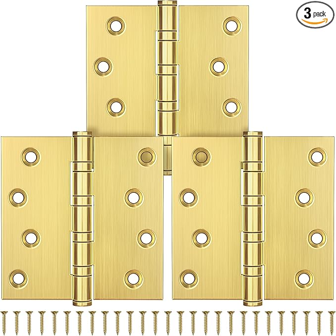 KOLET Ball Bearing Brushed Gold Door Hinges, 4 x 4 Inches Brass Gold Door Hinges, Square Corner, Stainless Steel Hinges, Heavy Duty, Smooth and Non Removable Pin, Brushed Gold, 3 Pack