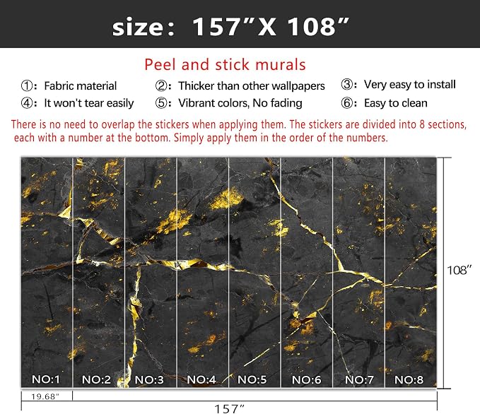 YIHWM-Peel and Stick Black and Gold Marbled Wallpaper Abstraction Art Mural | Tear-resistant,with a substantial feel;Will not be damaged during repositioning.Bathroom,Bedroom wallpaper.XL-157"x108"