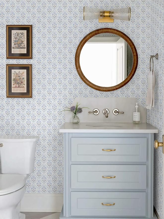 Dimoon Blue Peel and Stick Wallpaper Retro Floral Contact Paper Vintage Boho Cute Wallpaper Renter Friendly Removable Geometric Wall Paper for Bathroom Kitchen Textured Vinyl 17.3''x78.7''