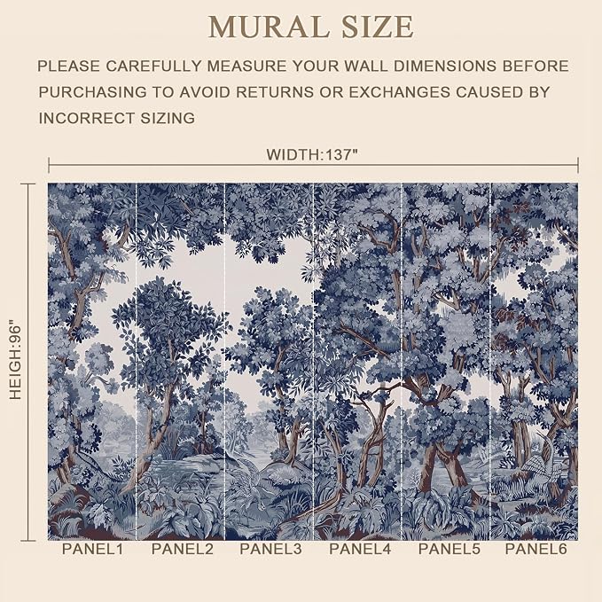MFWFM Forest Mural Peel and Stick Wallpaper Landscape Tree Wall Murals | 137"x96", for Bedroom Living Room Bathroom, Self Adhesive Canvas