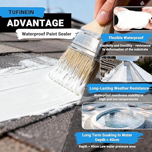 Rubber Liquid Waterproof Sealant, TUFINEIN 53oz/1.5kg White Quick Drying Multi Surface Foundation Leak Repair - Roof Gutters Basement Sealer Waterproof - Indoor & Outdoor Flexible Rubber Paint