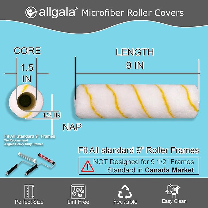Allgala Paint Roller Covers, 6 Pack 9 Inch Shedless Lint Free Painter Roller Covers 1/2 in Roller Naps for Paint Roller Kit
