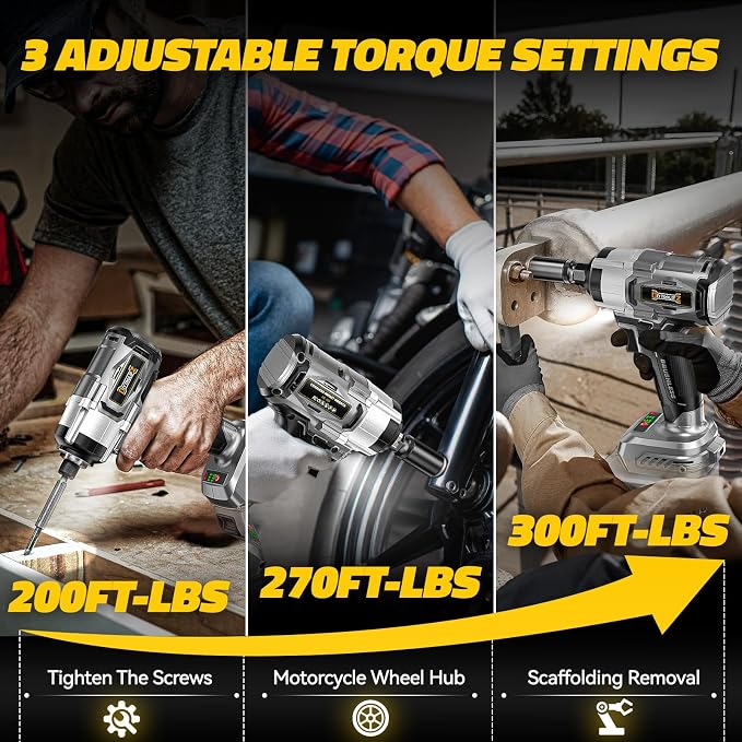 DIYtoolifz Cordless Impact Wrench 1/2" Compatible with Dewalt 20v Battery (Bare Tool), 300 FT-LBS (400 N.m) Brushless Impact Driver, Portable Electric Impact Gun with LED Work Light, 3-Speed Control