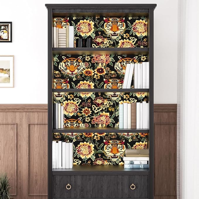 Yellow Gold Vintage Tiger Peel and Stick Wallpaper 17.5" x 118" | Waterproof Vinyl Self Adhesive Removable Renter Friendly Floral Contact Paper