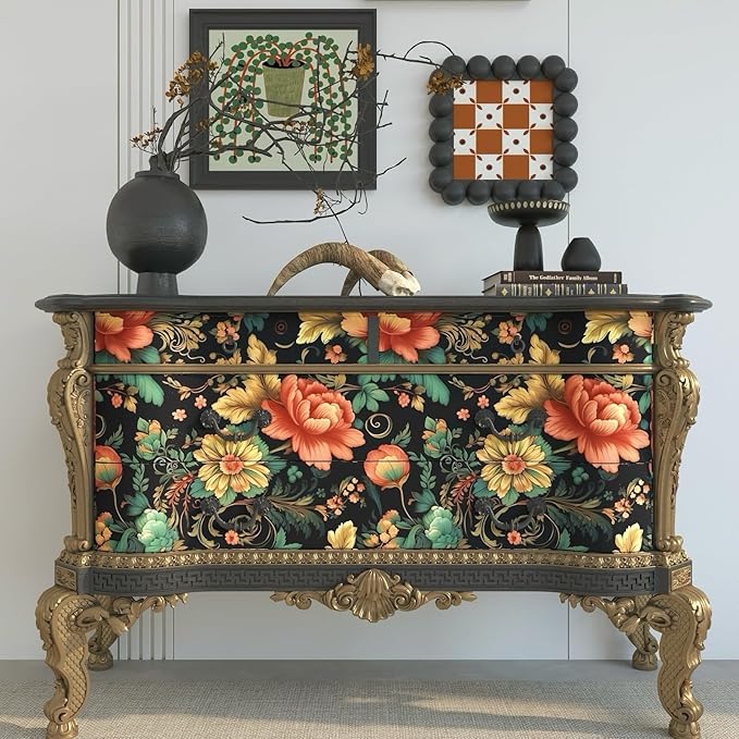 BOKEBEVE Floral Wallpaper Peel and Stick Vintage Black Orange 17.5 x 787In | Super Long Removable Renter Friendly Boho Leaf Wall Paper for Bedroom Bathroom Living Room Feature Accent Wall