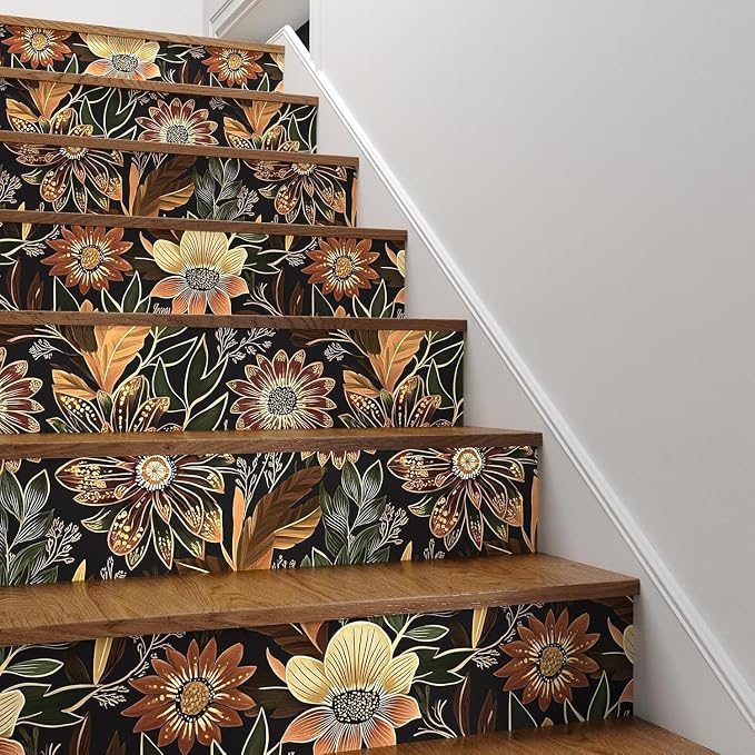 Boho Dark Black Gold Floral Wallpaper Peel and Stick 17.5"x197" | Self Adhesive/Removable/Waterproof/Thick Vinyl Contact Paper for Bathroom Bedroom Shelf Cabinet Drawer,Prepasted,Easy Peel