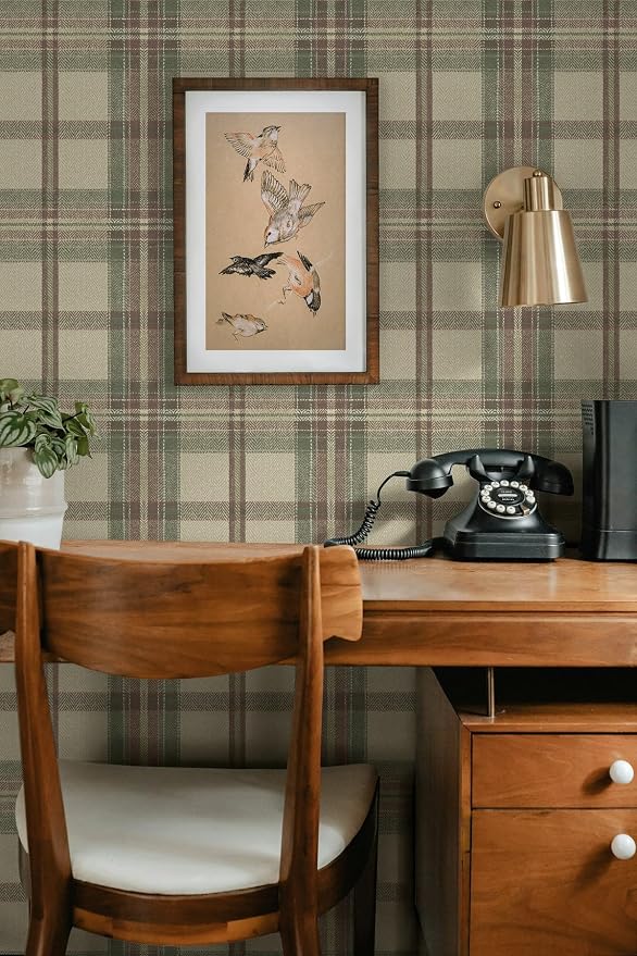 NextWall Harry & Grace Herringbone Plaid Premium Matte Non-Woven Peel and Stick Wallpaper (Clay & Sage)