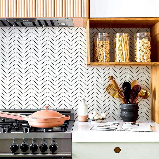 Rugreat Black Herringbone Peel and Stick Wallpaper Modern 78.8inL17.3inW | Stripe Contact Paper for Cabinets Neutral Self Adhesive Removable Wallpaper for Bedroom Bathroom Waterproof Black and White