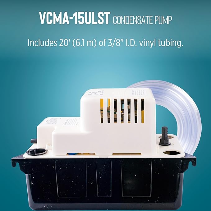 Little Giant VCMA-15ULST 115 Volt, 65 GPH, 1/50 HP Automatic Condensate Removal Pump for HVAC/Refrigeration Systems/Dehumidifiers with Overflow Detection Switch and 20-Foot Tubing, Black/White, 554415
