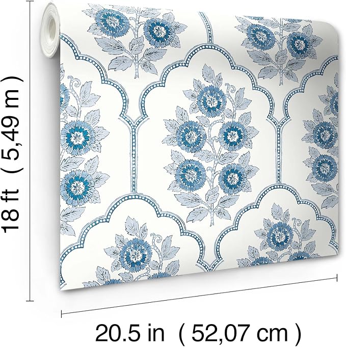 NuWallpaper x Society Social Floral Bazaar Delft Blue Peel and Stick Wallpaper, SSS6315