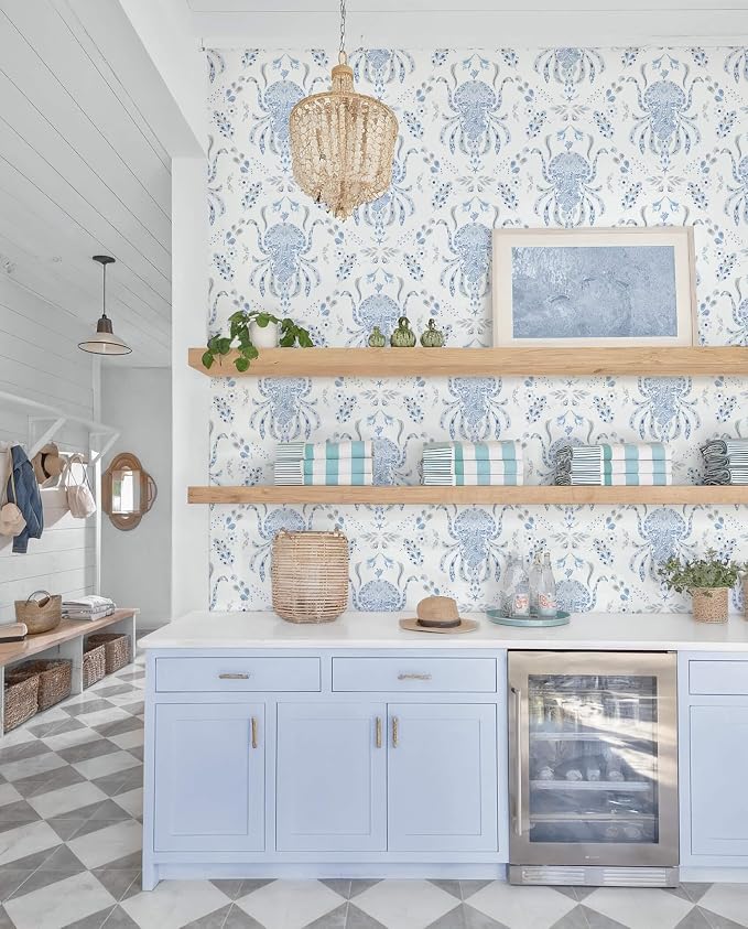 Dimoon Blue Peel and Stick Wallpaper Coastal Contact Paper Bathroom Ocean Beach Wallpaper Boho Jellyfish Renter Friendly Nautical Waterproof for Nursery Kitchen Bedroom Vinyl 17.3''x197''