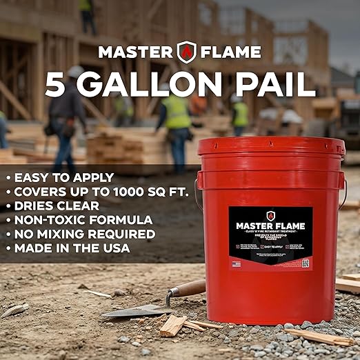 Master Flame Class A Fire Retardant Spray for Wood, Fabric, Cotton & More - Non-Toxic Flame Retardant Coating - Meets NFPA 701 & ASTM E84 - Made in USA - Easy to Apply and Dries Clear - 5 Gallon Pail