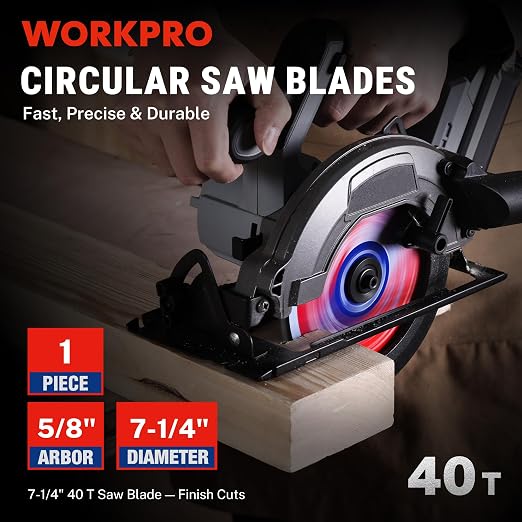 WORKPRO 7-1/4 Inch Woodworking Circular Saw Blade, 40T General Purpose Wood Cutting, Thin Kerf, Carbide Tipped, ATB Tooth, 1-Pack