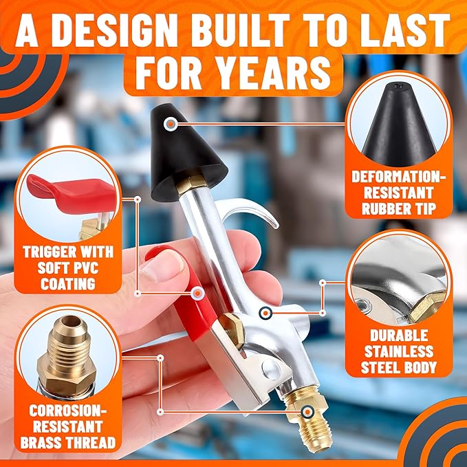 Air Nozzle Blow Gun for Compressor - Stainless Steel Air Gun Blower with Pressure Adjustment, Rust-Resistant Brass Thread, Rubber Tip, Thumb Switch Lever - Compact HVAC Tools for Cleaning Tight Spaces