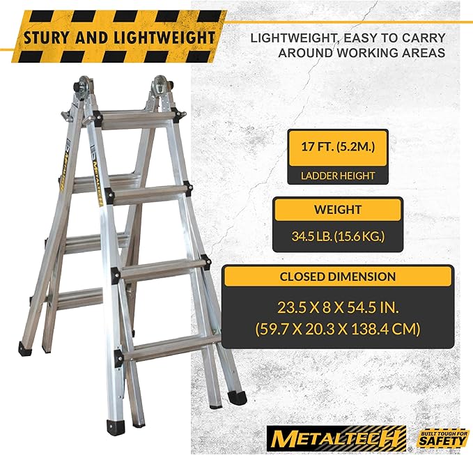 Metaltech E-MTL7100AL Jobsite Series 18-ft.-Reach Aluminum Telescoping Multi-Position Step Ladder for Home Improvement and Construction, Multipurpose Extension Ladder, Step Ladder, Scaffolding Support