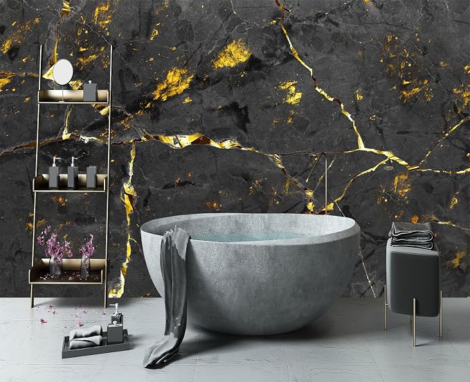 YIHWM-Peel and Stick Black and Gold Marbled Wallpaper Abstraction Art Mural | Tear-resistant,with a substantial feel;Will not be damaged during repositioning.Bathroom,Bedroom wallpaper.S-80"x58"