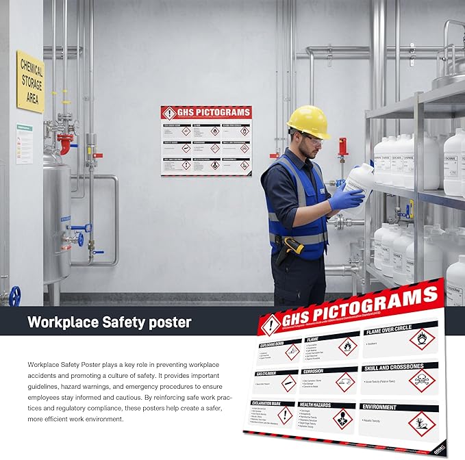 GHS Pictograms Poster – OSHA Hazard Communication (HCS) Chemical Safety Chart, GHS Hazard Symbols & Chemical Classification Reference Guide for Labs, Warehouses & Workplace Safety Training