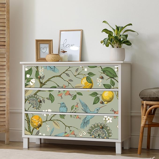 Livelynine Green Floral Bird Wallpaper Peel and Stick Vintage Retro Renter Friendly Wallpaper Kitchen Cabinet Contact Paper Waterproof Gold Lemon Tree Blue Birds Self Adhesive Wall Murals 17.5x78.8"